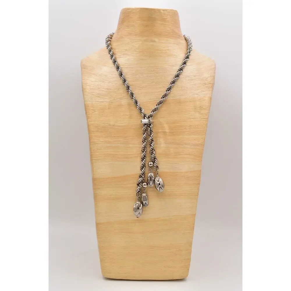 Vintage Chunky Statement Lariat Necklace Collar Charm Dangle Silver 1960s BinBE